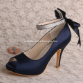 Ankle Strap Navy Blue Satin Shoes for Party